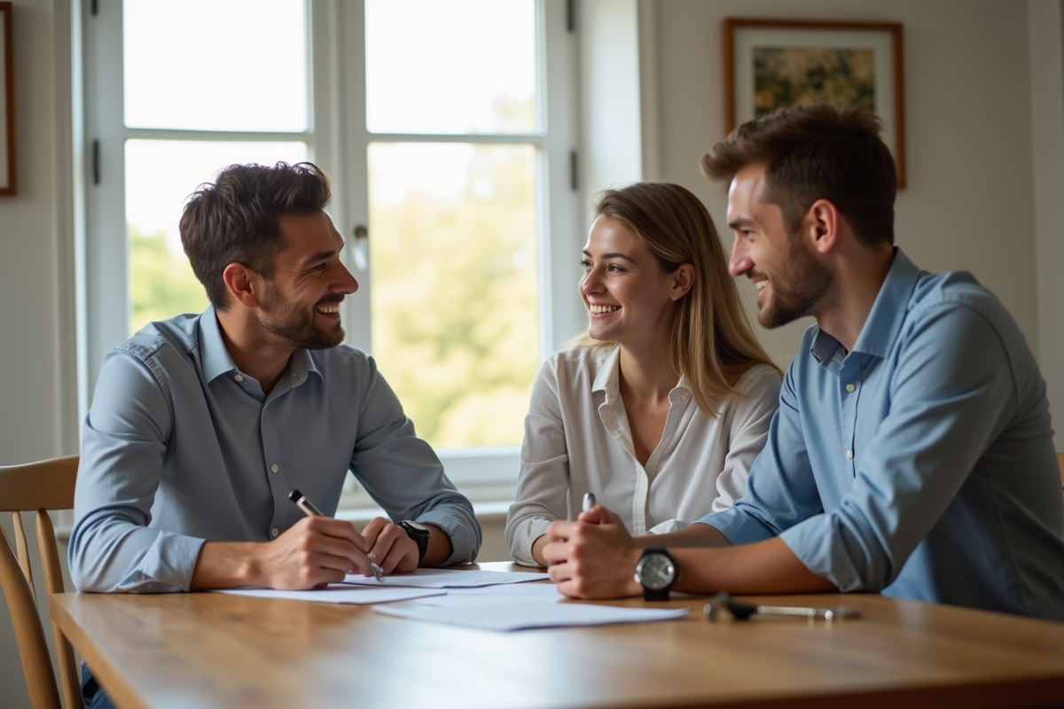 Propriétaire et couple discutant du contrat de location à table