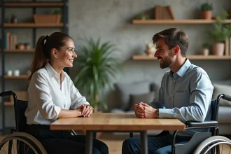Femme d'âge moyen et jeune homme en fauteuil discutent
