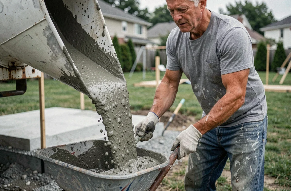 Coulée de béton depuis une toupie dans une brouette lors d'un petit chantier de particulier en jardin
