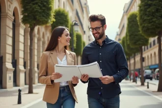 Couple consultant des brochures immobilières dans un quartier chic de Marseille avec des façades haussmanniennes en arrière-plan
