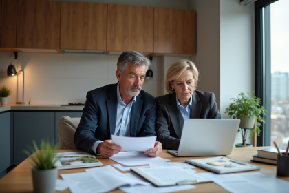 Couple d'affaires examinant des papiers immobiliers dans une cuisine