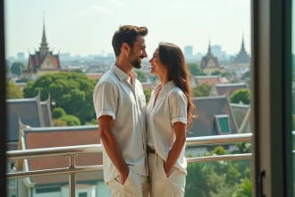 Jeune couple souriant sur un balcon à Bangkok