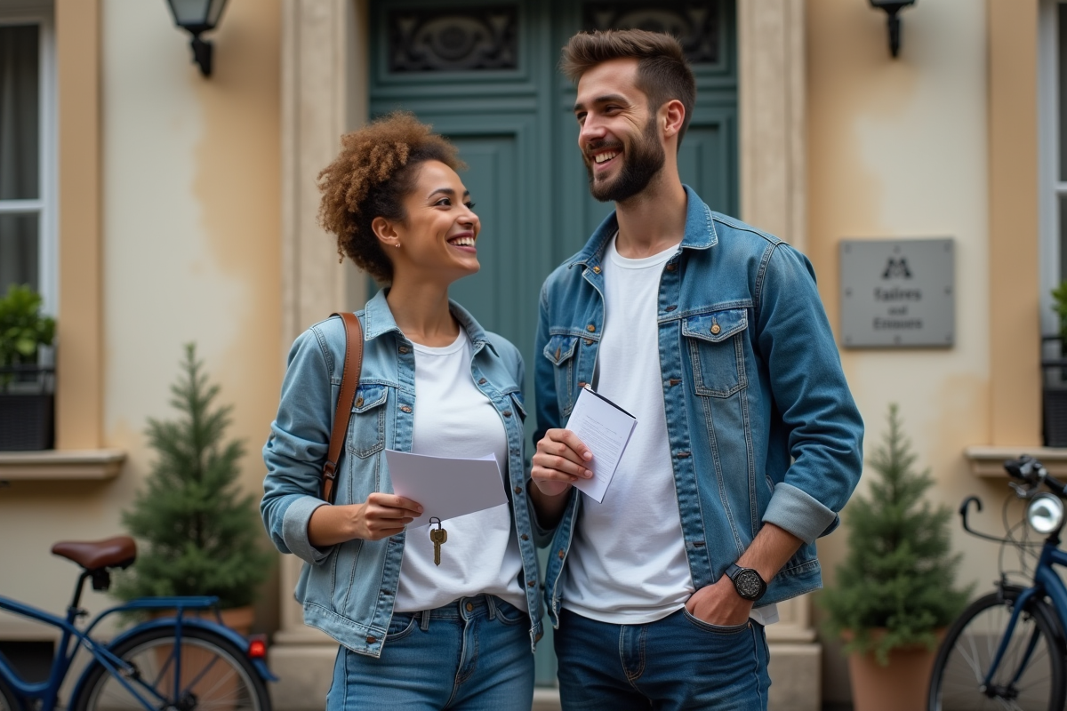 Jeune couple français avec clés et contrat d