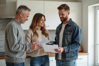 Couple avec professionnel dans une cuisine moderne pour rénovation