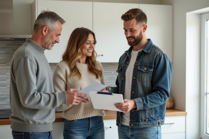 Couple avec professionnel dans une cuisine moderne pour rénovation