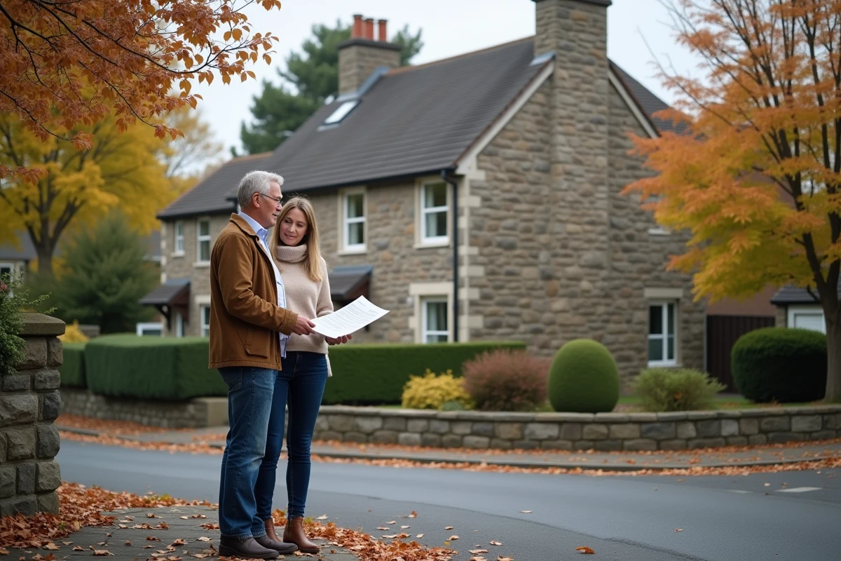 Couple de propriétaires tenant des documents d'estimation devant une maison en pierre traditionnelle dans un quartier résidentiel en automne