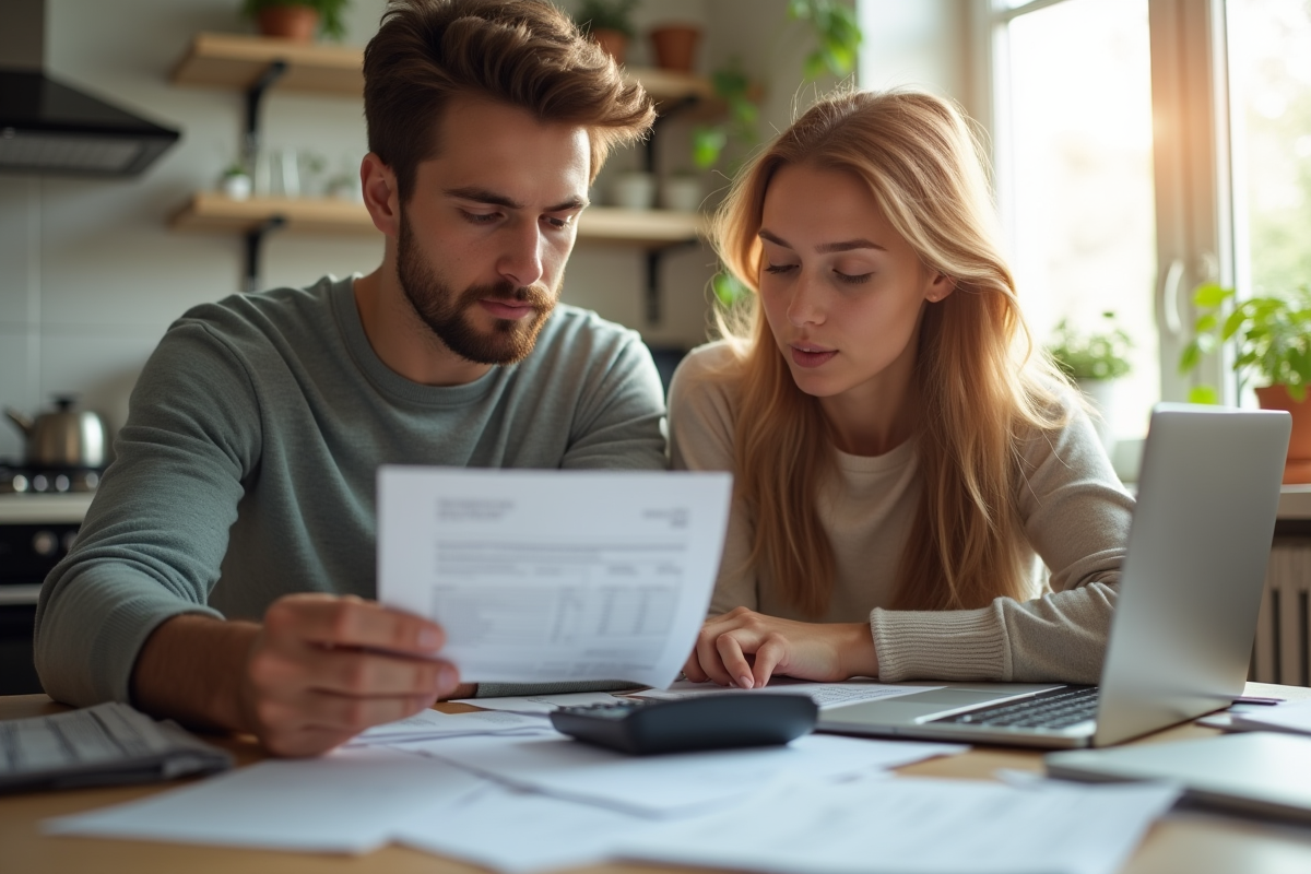 Jeune couple à la maison vérifiant leurs factures