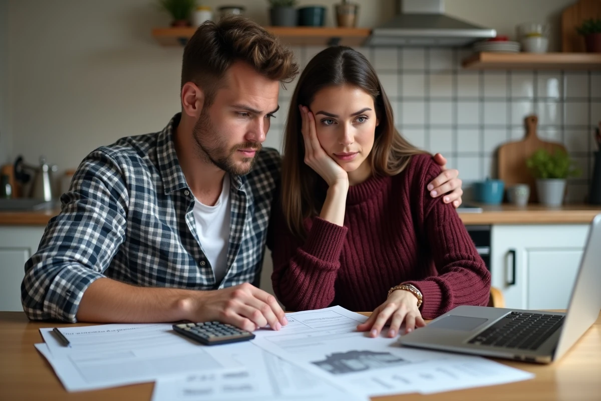 Couple étudiant les options de financement des frais de notaire pour un rachat de parts en indivision à domicile