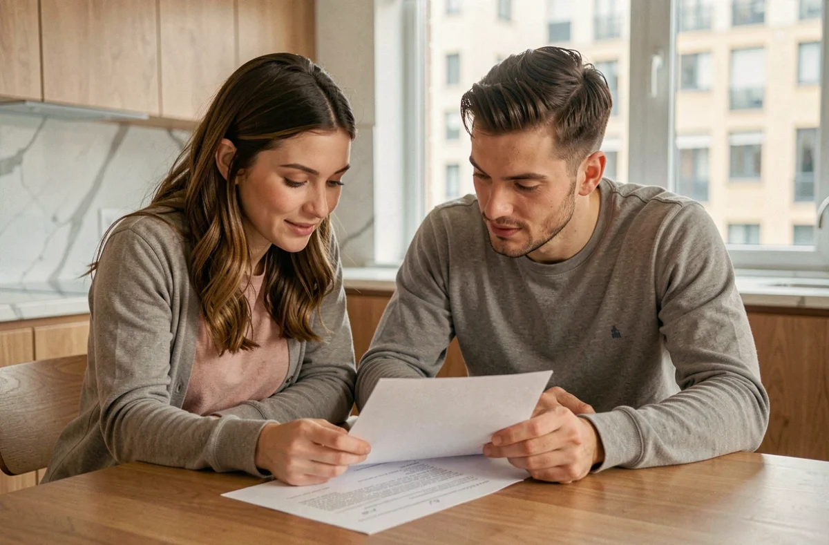 Couple révisant ensemble leur lettre de motivation pour la location d'un appartement