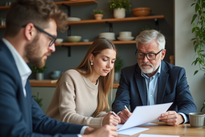 Jeune couple discutant avec le propriétaire dans la cuisine