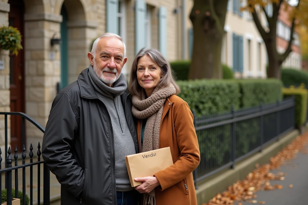 Couple devant une maison vendue tenant des documents de transaction immobilière en automne