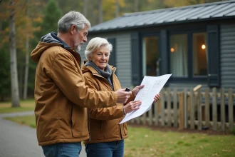 Couple regardant des plans devant une maison mobile dans un jardin