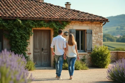 Jeune couple devant leur première résidence principale, une maison en pierre sur les coteaux avec des vignes en arrière-plan
