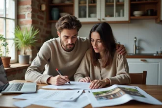 Jeune couple de premiers acheteurs anxieux examinant des documents de contribution sécurité immobilière sur une table en bois