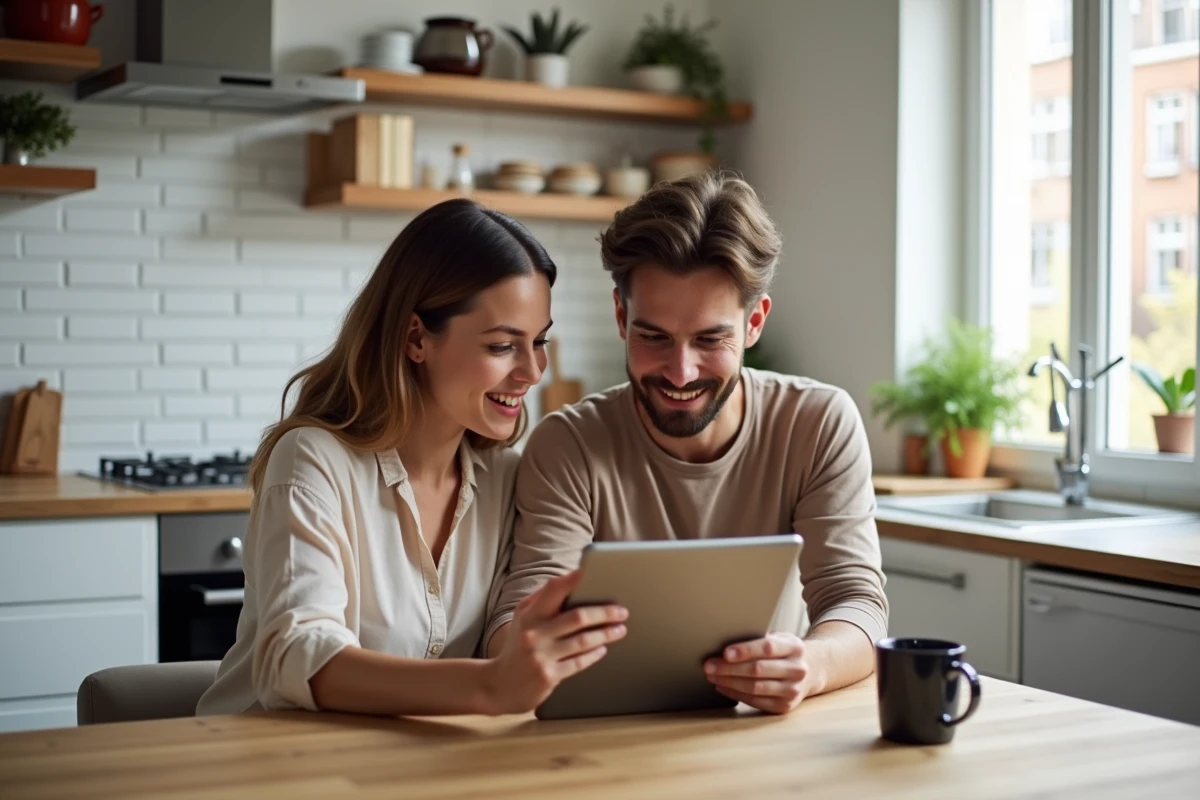 Couple de primo-accédants recherchant des biens immobiliers sur une tablette dans une cuisine moderne