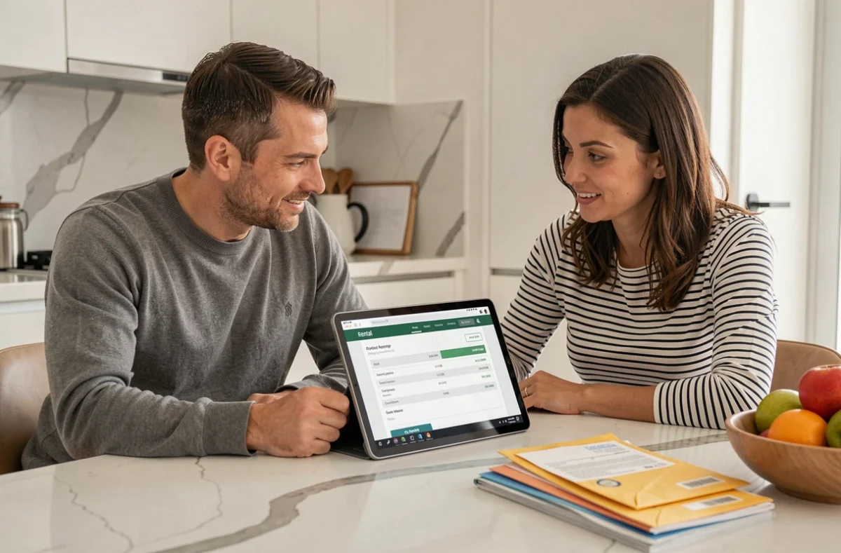Couple de propriétaires consultant ensemble leur espace MyFoncia sur tablette pour gérer leur bien immobilier
