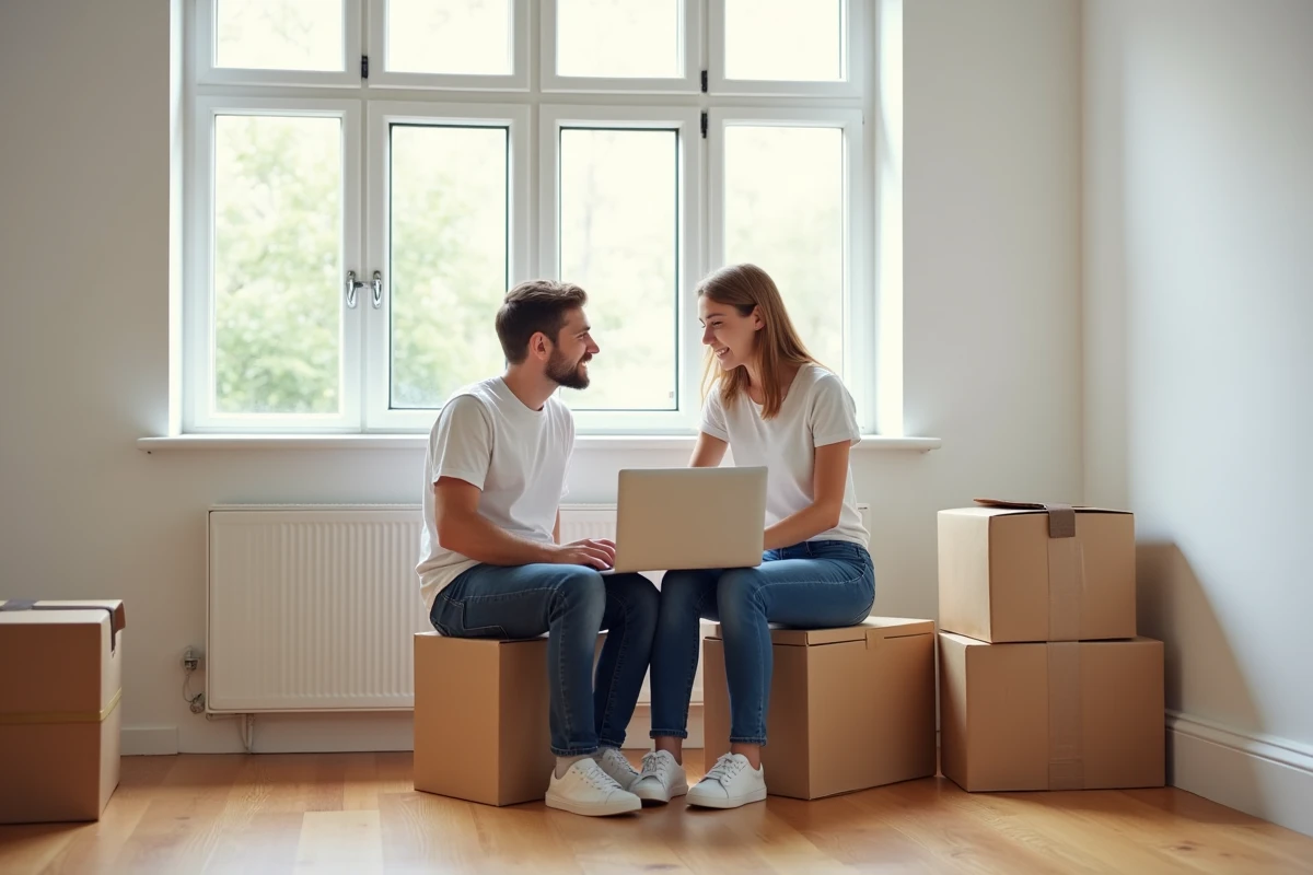Couple gérant la reprise de contrat EDF ensemble sur un ordinateur portable dans leur nouveau logement vide