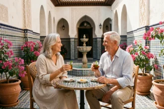 Couple de retraités profitant d'une terrasse de riad à Marrakech avec thé à la menthe et décor en zellige