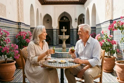 Couple de retraités profitant d'une terrasse de riad à Marrakech avec thé à la menthe et décor en zellige