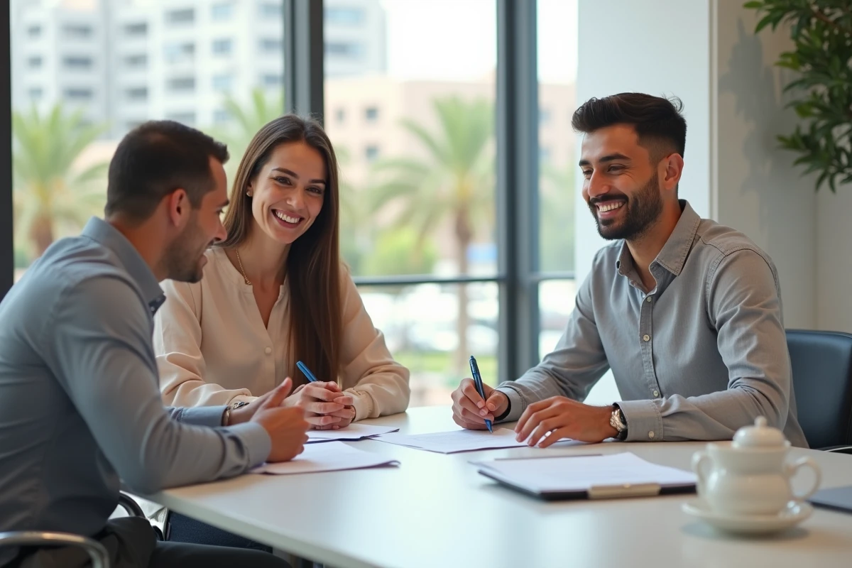 Couple signant un acte de vente immobilier chez un notaire à Guéliz Marrakech