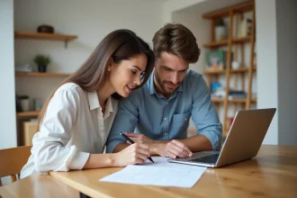 Jeune couple consultant des documents pour vérifier leur éligibilité au dispositif Pinel selon leurs ressources et composition du foyer