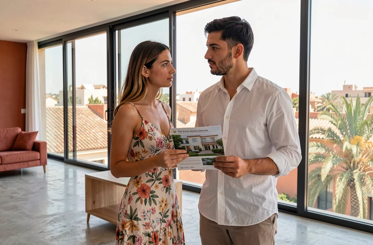 Couple visitant un appartement moderne à vendre dans le quartier Gueliz de Marrakech avec vue sur les toits de la ville