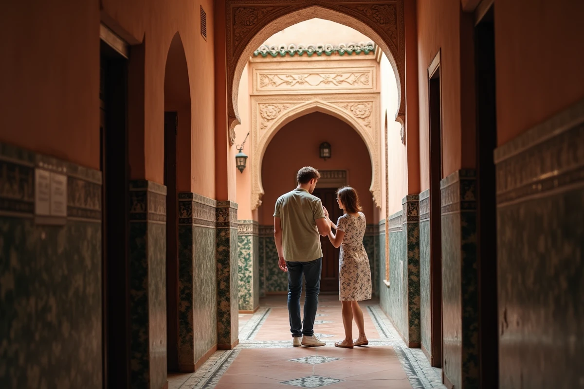 Couple européen visitant un riad à rénover dans la médina de Marrakech pour un achat immobilier
