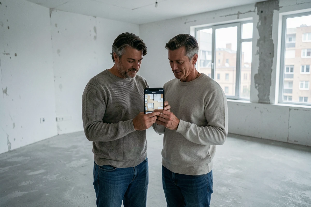 Couple visitant virtuellement un appartement vide grâce à une application de visite 360 sur smartphone