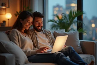 Couple consultant une visite virtuelle 360° d'une maison sur ordinateur portable pour un achat immobilier à distance