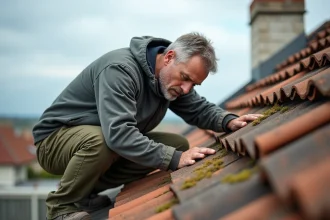 Couvreur inspectant des tuiles fissurées et déplacées sur une toiture en pente lors d'une intervention d'urgence