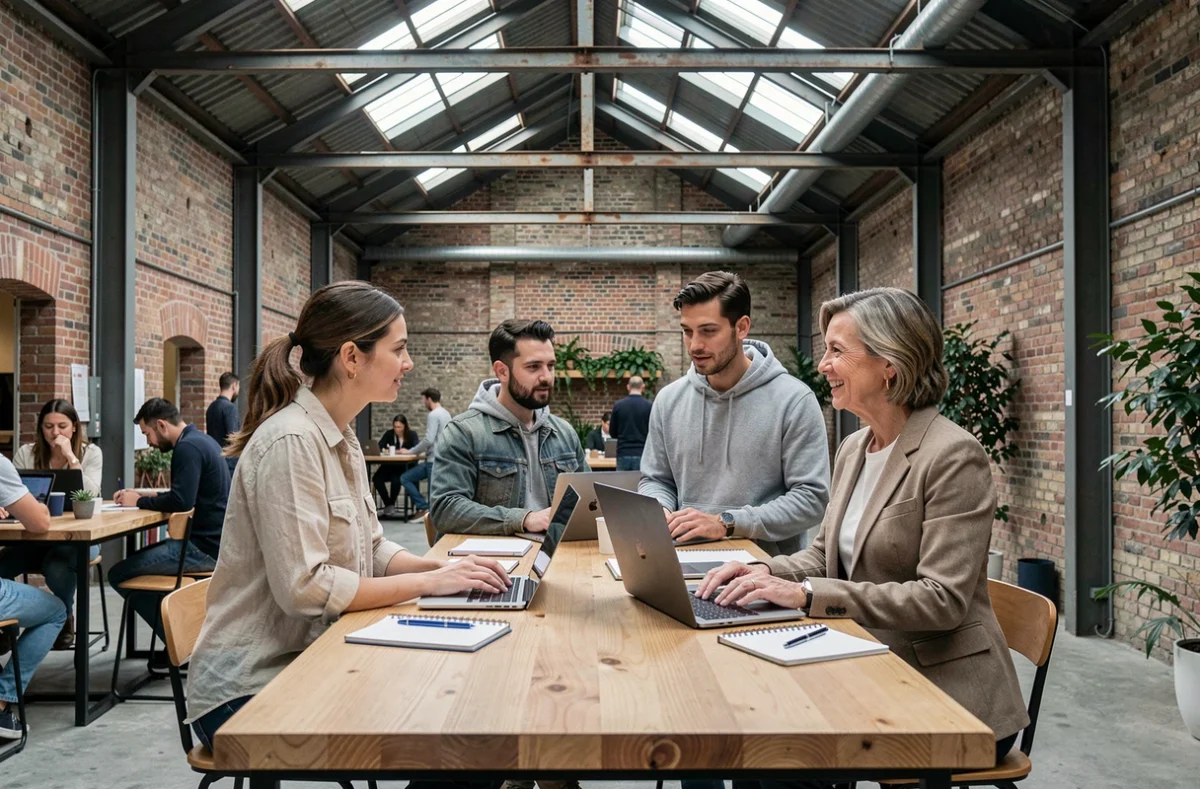 Espace coworking dans un entrepôt industriel réhabilité en périphérie de Dijon avec professionnels en réunion informelle