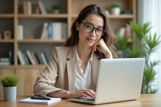 Jeune femme débutante en immobilier consultant le site Terhexagone-immo.fr sur un ordinateur portable dans un bureau à domicile