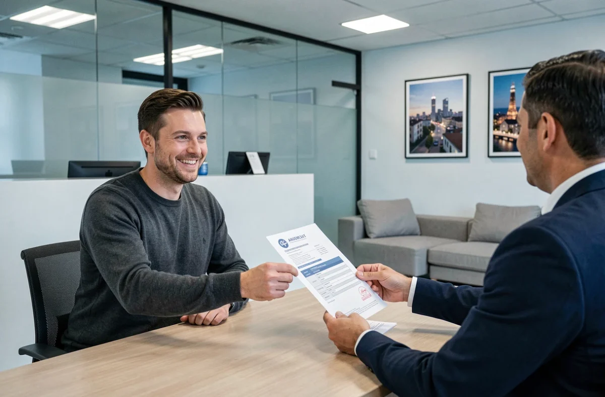 Homme remettant son dossier de location incluant une lettre de motivation à un agent immobilier