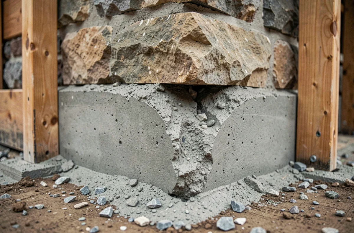 Détail du béton de reprise sous œuvre coulé sous un ancien mur en pierre de fondation lors d'un chantier de rénovation urbaine