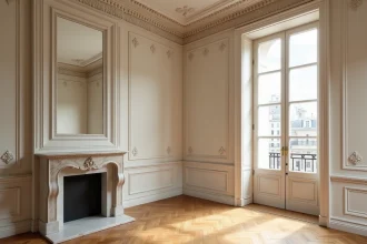 Détails authentiques d'un appartement haussmannien parisien : moulures en plâtre, parquet en point de Hongrie et cheminée en marbre