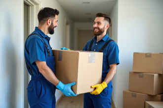 Deux hommes en overalls bleus soulevant une grande boîte dans un couloir moderne