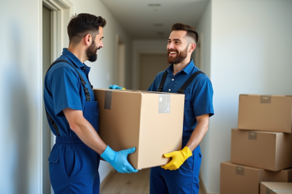 Deux hommes en overalls bleus soulevant une grande boîte dans un couloir moderne