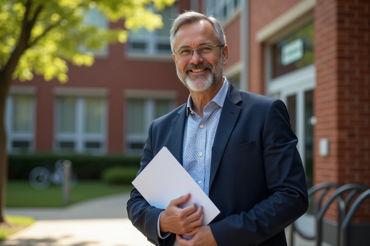 Enseignant debout devant une école avec un dossier dapprobation de prêt immobilier