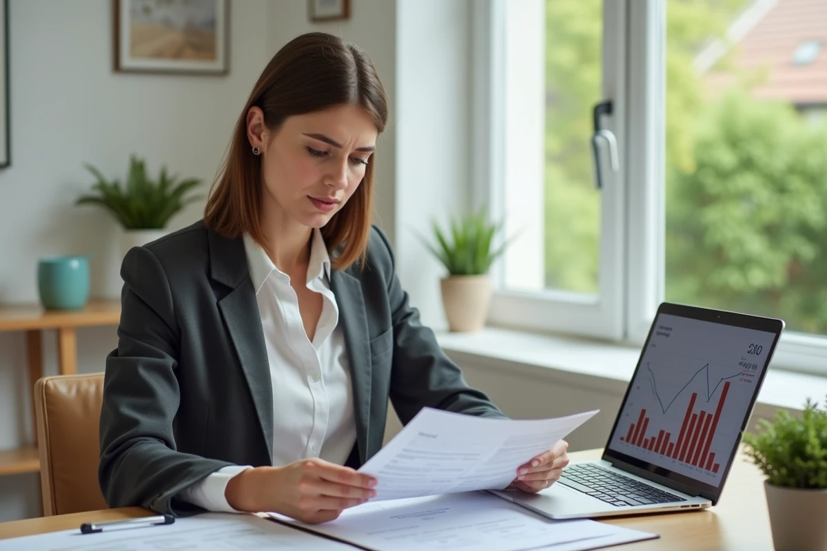 Femme consultant des documents d'estimation de coût de garage et un graphique de prix immobilier dans un bureau à domicile