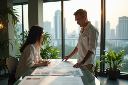 Expatrié occidental en train d'examiner des plans de condominium dans une agence immobilière moderne à Bangkok, avec vue sur les gratte-ciels thaïlandais
