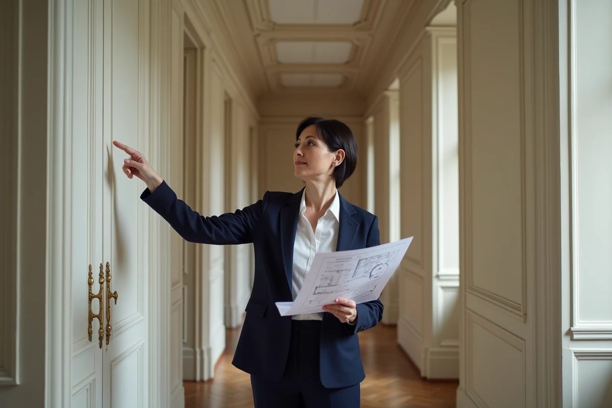 Experte immobilière inspectant les moulures d'un couloir d'appartement haussmannien pour distinguer l'authentique du faux