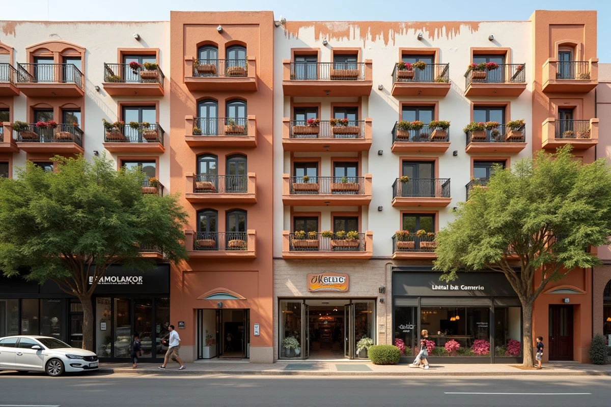 Façade d'immeuble résidentiel à vendre dans le quartier Guéliz de Marrakech avec balcons et rue animée