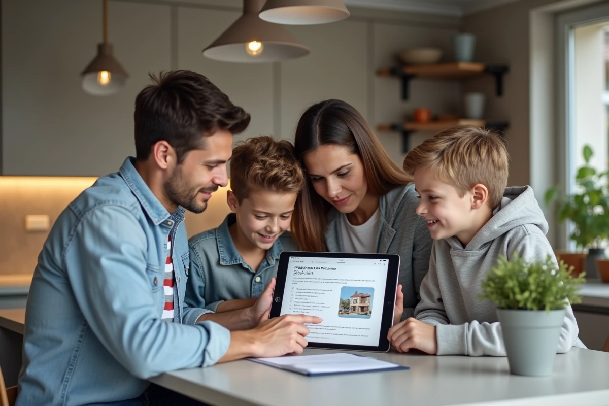 Famille de quatre personnes étudiant leur composition de foyer et leur éligibilité au plafond de ressources de la loi Pinel
