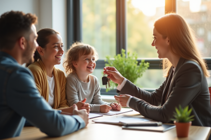Famille souriante recevant les clés d'un appartement moderne