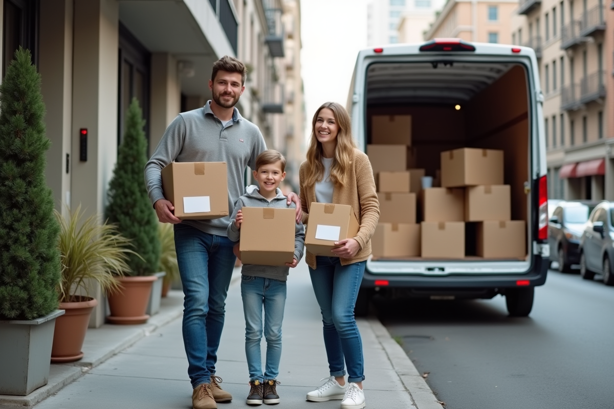 Famille dehors devant un camion de déménagement souriante