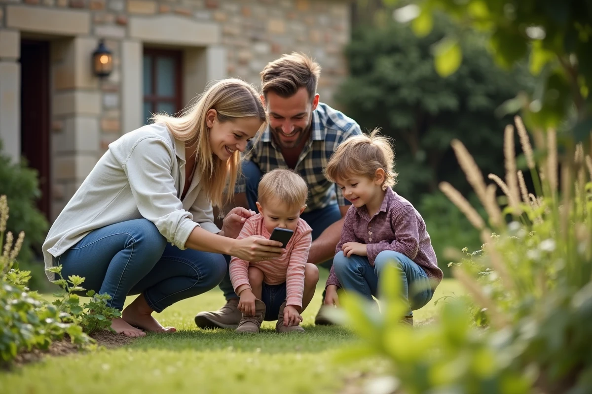 Famille avec enfants visitant le jardin d'une petite maison à louer dans les Hautes-Pyrénées