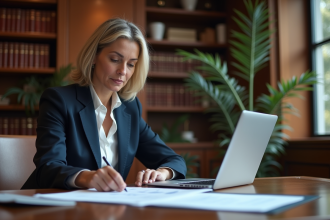 Femme d'affaires en bureau examinant des documents immobiliers