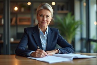 Femme d'affaires en costume bleu dans un bureau moderne