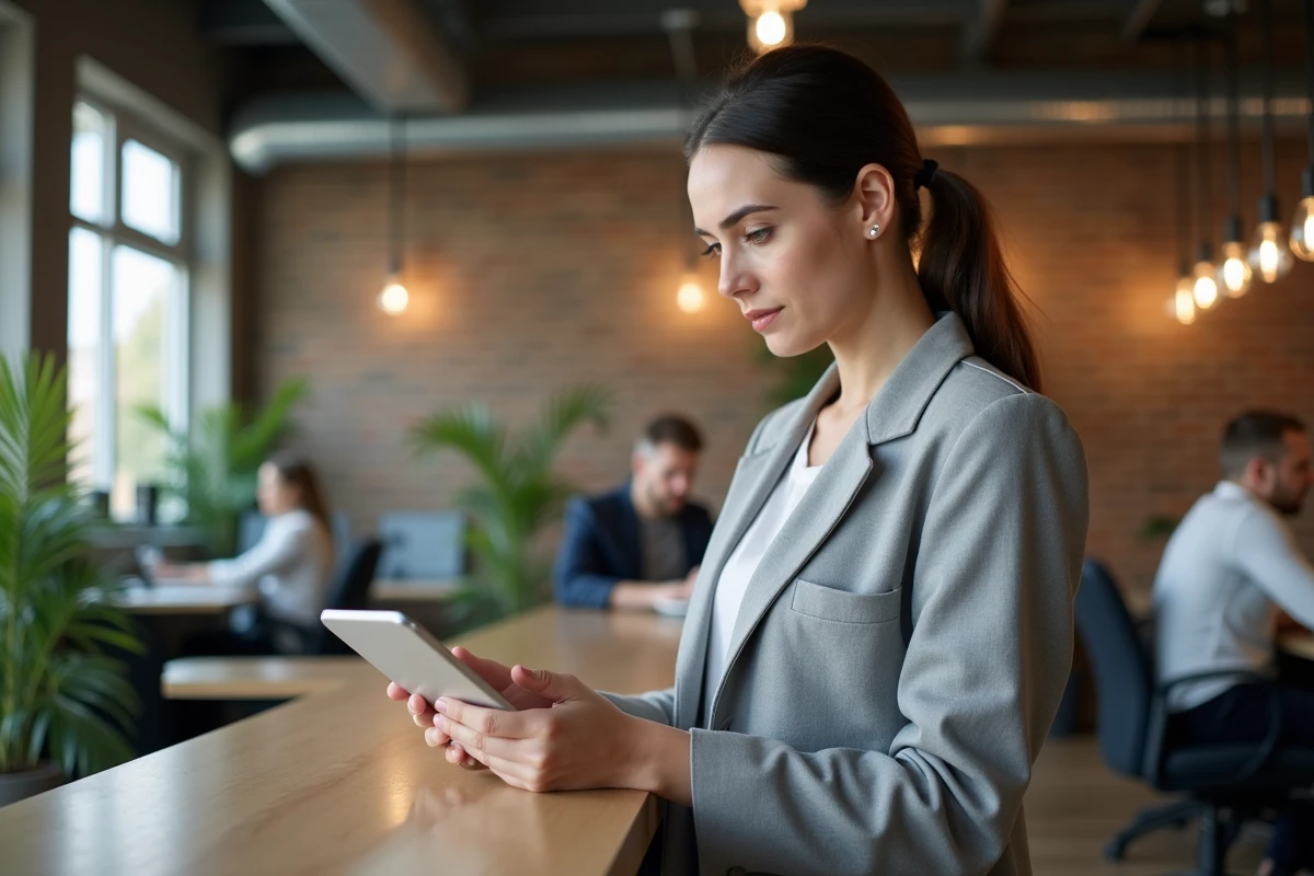 Femme analysant des avis clients sur une tablette dans un espace de co-working moderne