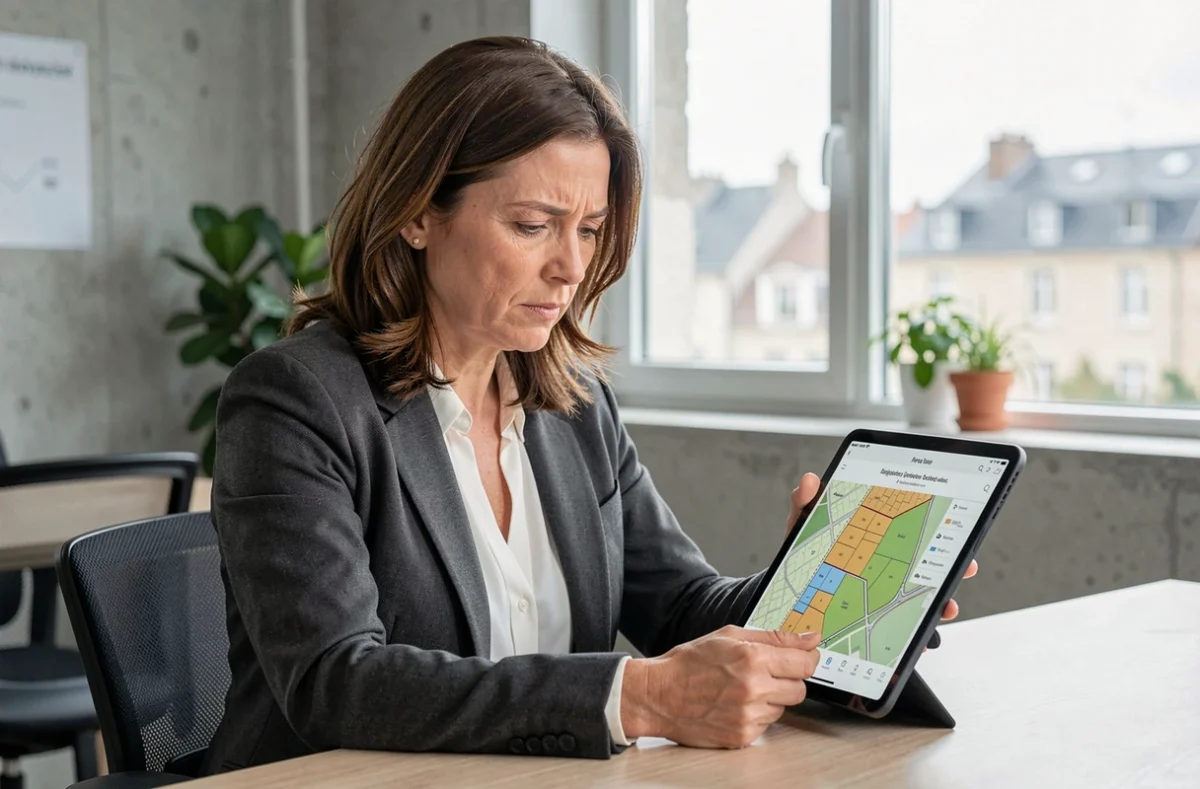 Femme analysant un plan de zonage cadastral numérique sur tablette en espace de travail